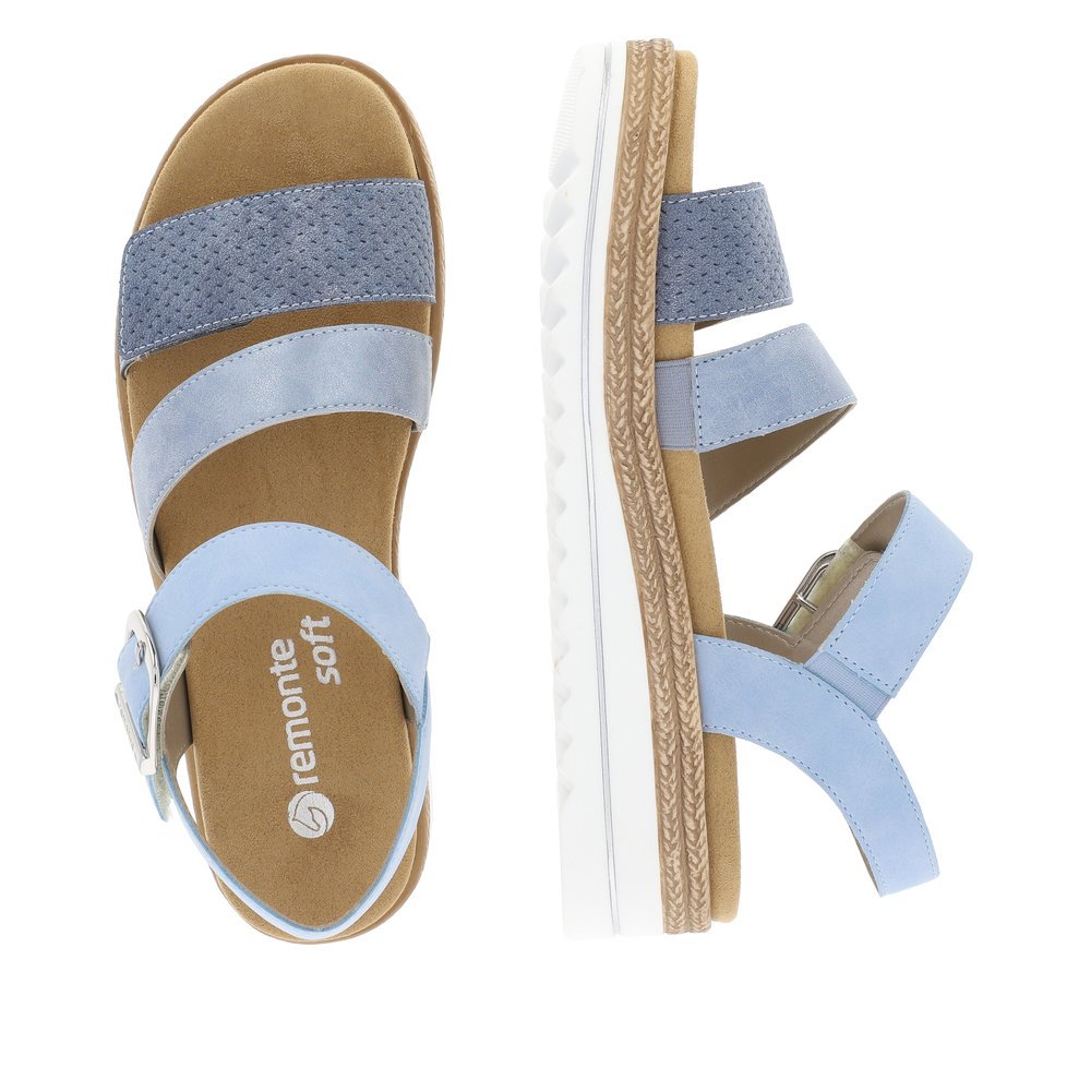 Sky blue vegan remonte women´s strap sandals D0Q55-12 with hook and loop fastener. Shoe from the top, lying.