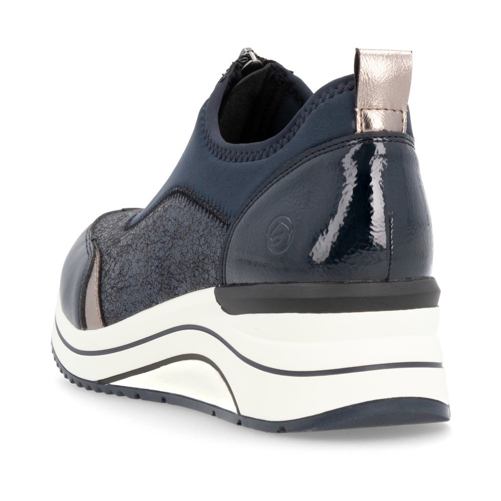 Blue vegan remonte women´s sneakers D0T08-12 with a zipper as well as extra width H. Shoe from the back.