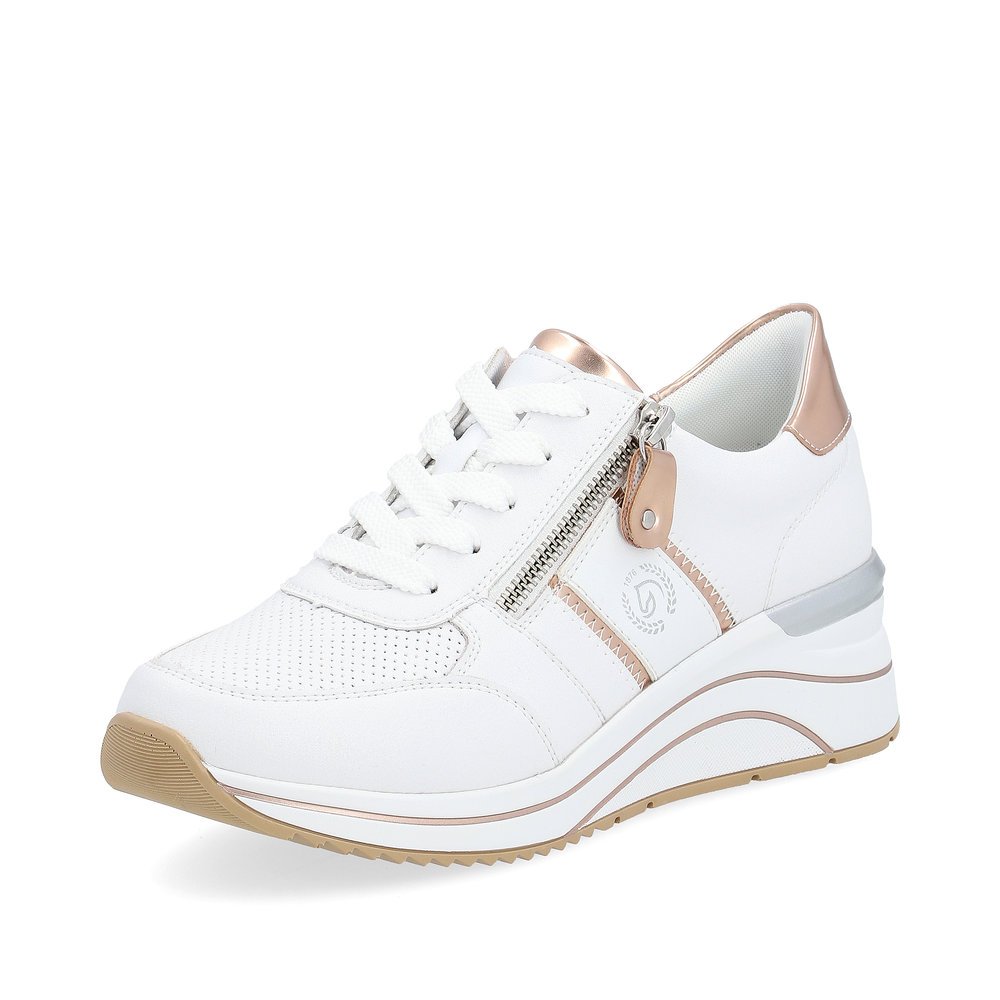 White remonte women´s sneakers D0T04-80 with a zipper and extra width H. Shoe laterally.