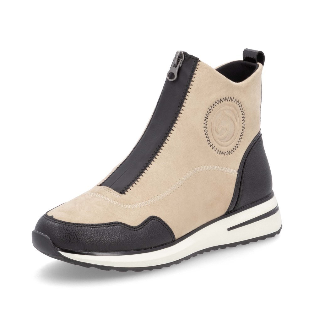 Hellbeige vegane remonte Damen Kurzstiefel D1G70-60 mit Zickzack-Nähten. Schuh seitlich schräg.