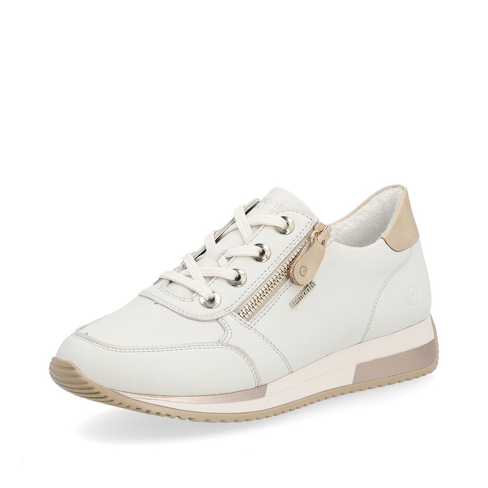 White remonte women´s sneakers D0H11-81 with zipper and soft exchangeable footbed. Shoe laterally.