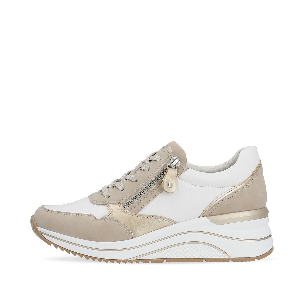 Beige vegan remonte women´s sneakers D0T01-80 with zipper and extra width H. Outside of the shoe.