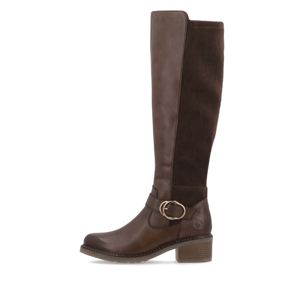 Chocolate brown remonte women´s high boots D1A73-25 with a round decorative buckle. Outside of the shoe.