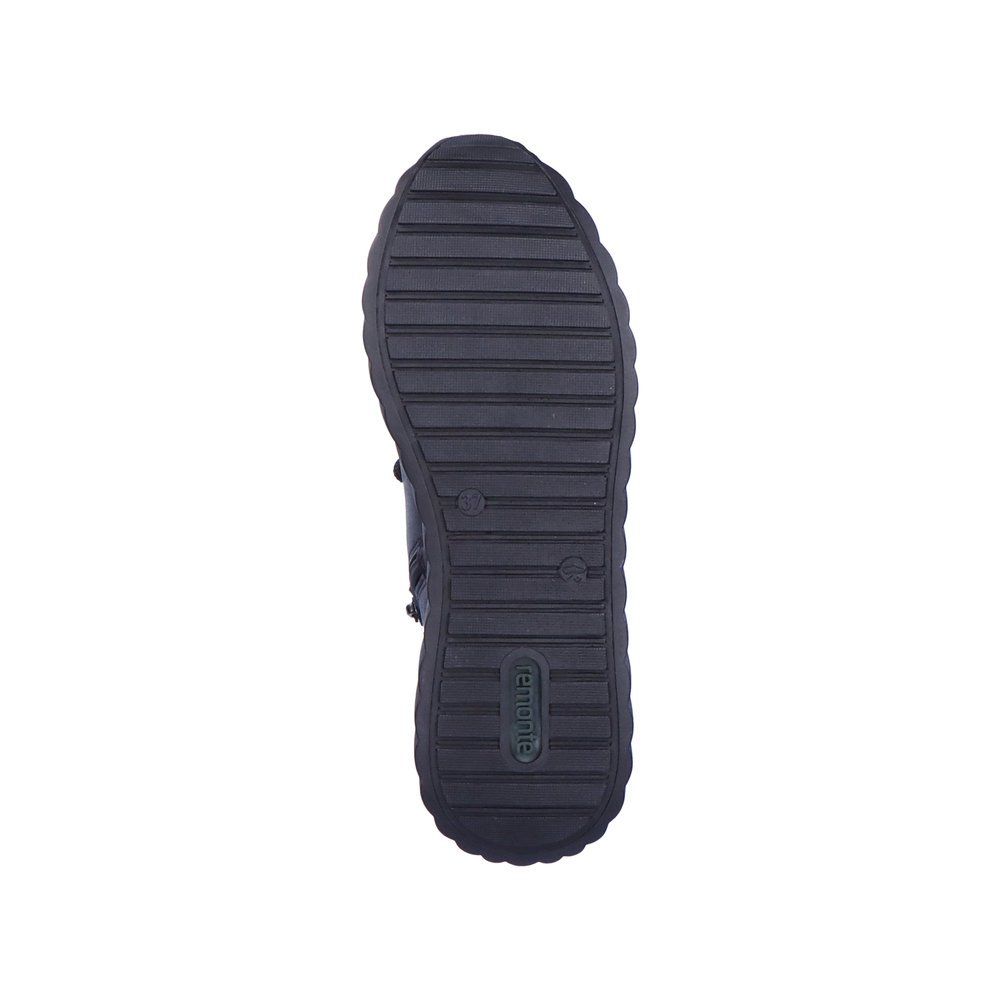 Carbon black remonte women´s slippers D5977-01 with zipper as well as padded insole. Outsole of the shoe.