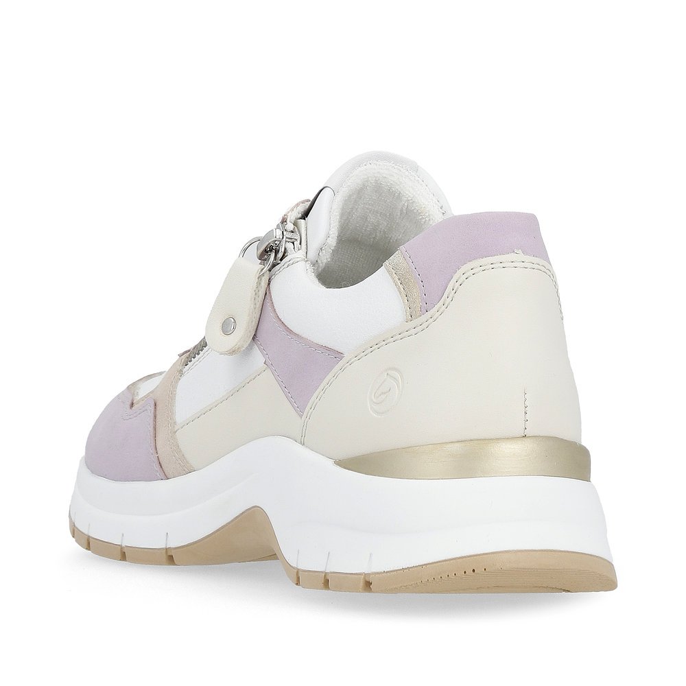 White remonte women´s sneakers D0G02-81 with a zipper and extra width H. Shoe from the back.