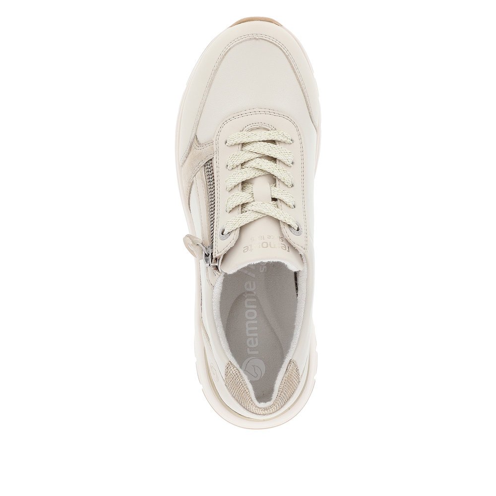 Light beige remonte women´s sneakers D0G09-80 with a zipper and extra width H. Shoe from the top.