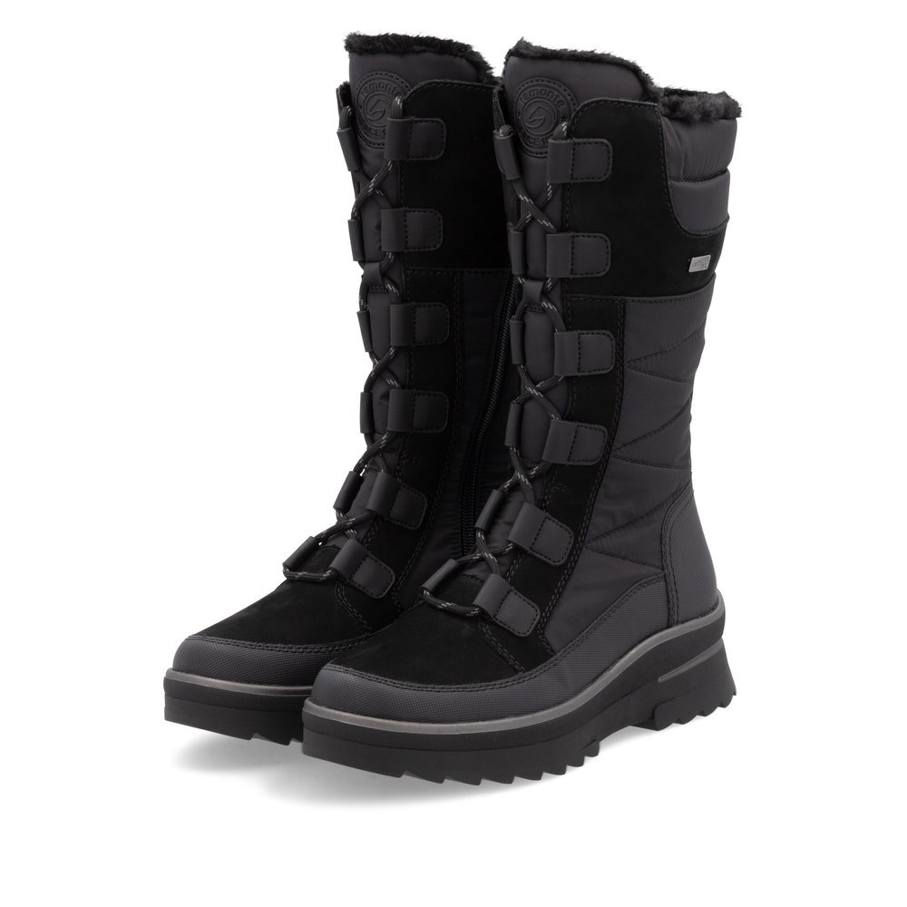 Asphalt black remonte women´s high boots D2B71-02 with a grippy Glass-Fibre sole. Shoes laterally.