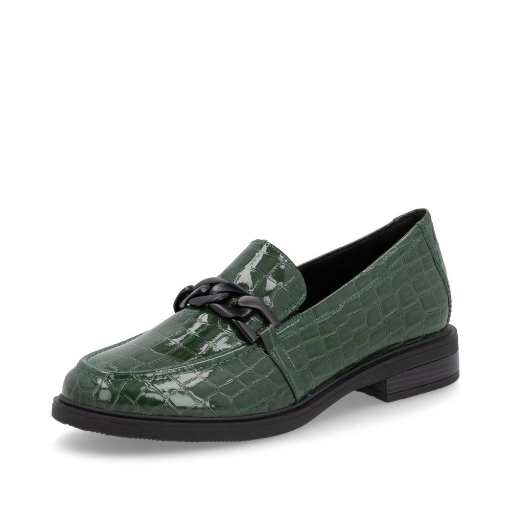 Green remonte women´s loafers D1U00-54 with a chain element as well as elastic band. Shoe laterally.