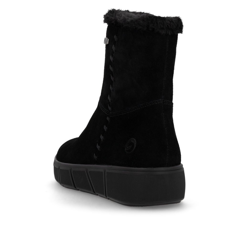 Jet black remonte women´s ankle boots D1T75-02 with remonteTEX technology. Shoe from the back.