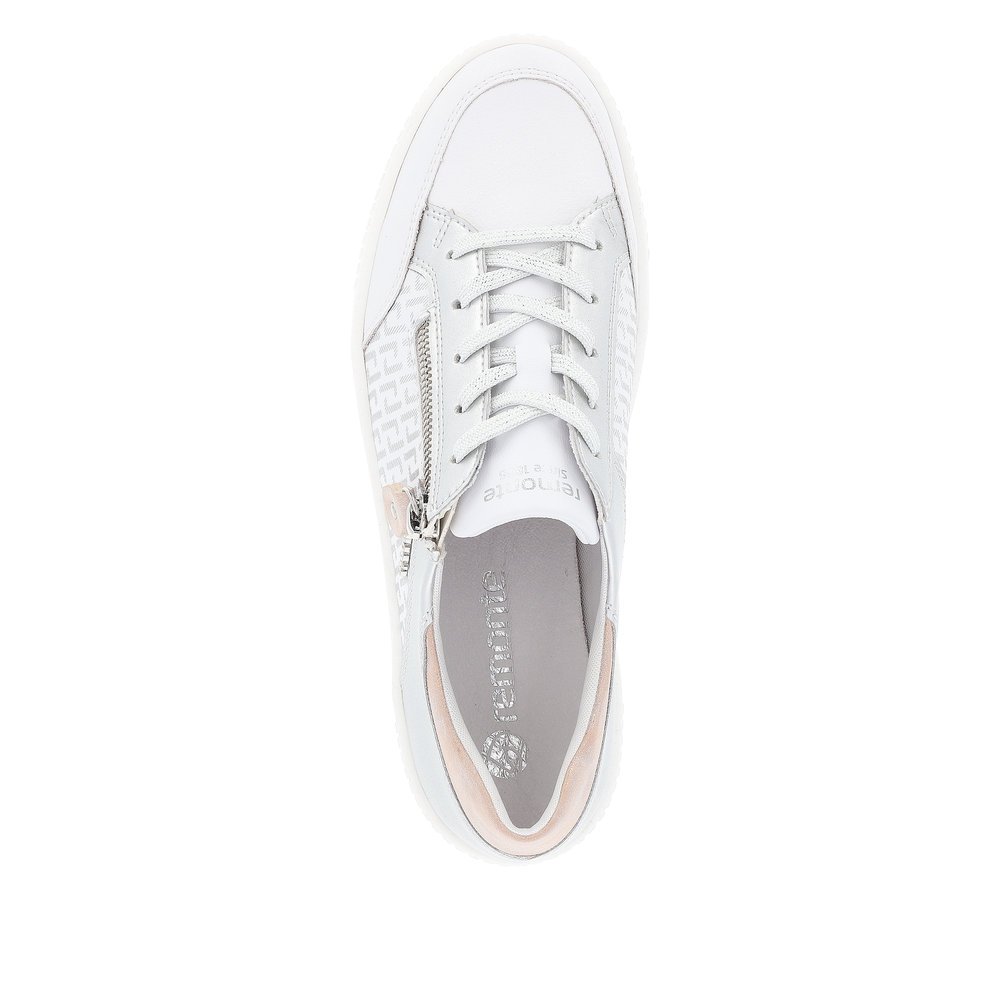 Frost white remonte women´s sneakers R7901-81 with zipper and graphical pattern. Shoe from the top.