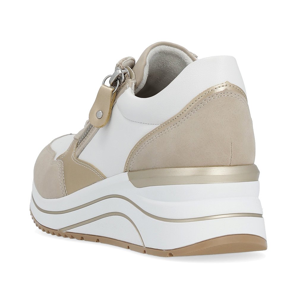 Beige vegan remonte women´s sneakers D0T01-80 with zipper and extra width H. Shoe from the back.