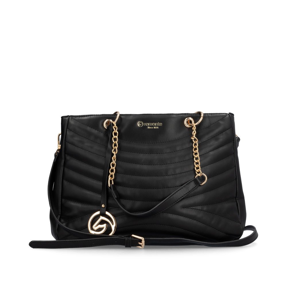 Black remonte Q0711-00 handbag with zipper, mobile phone pocket, chain details and logo pendant in gold. Front.