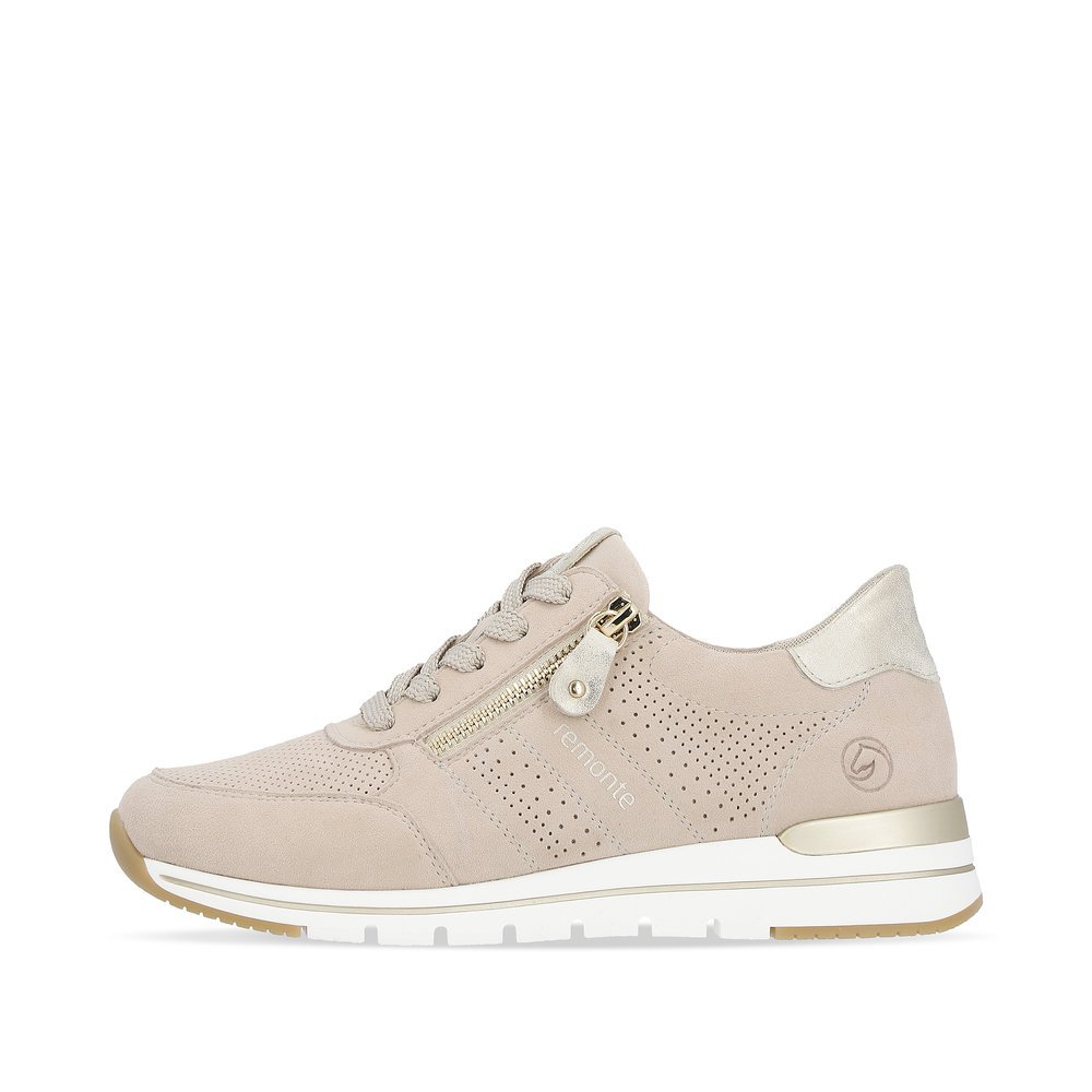 Clay beige remonte women´s sneakers R6705-60 with zipper and comfort width G. Outside of the shoe.
