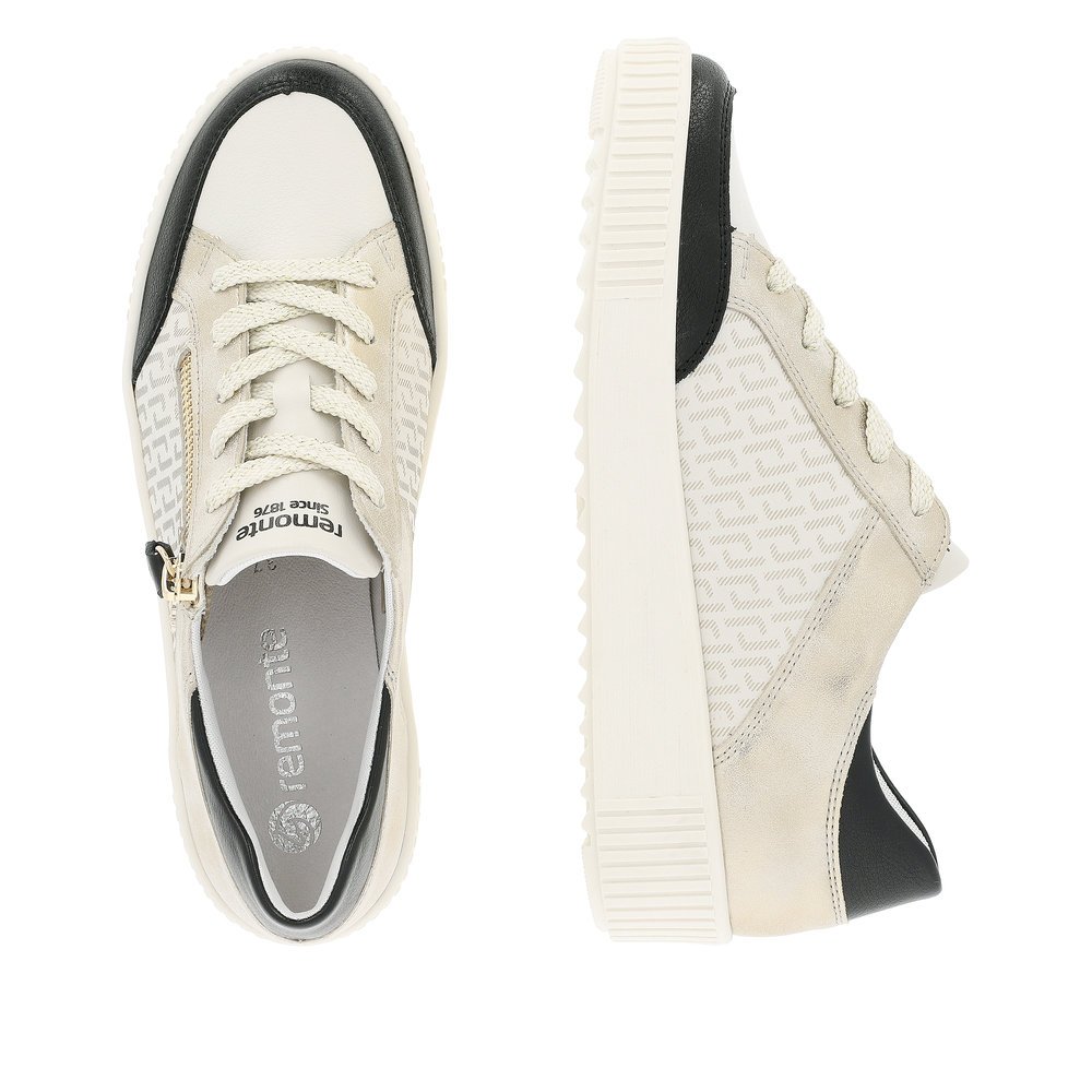 Cream white remonte women´s sneakers R7901-80 with a zipper and graphical pattern. Shoe from the top, lying.