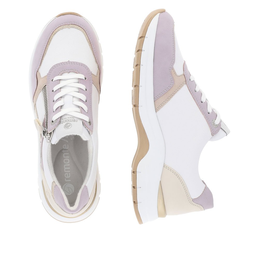 White remonte women´s sneakers D0G02-81 with a zipper and extra width H. Shoe from the top, lying.