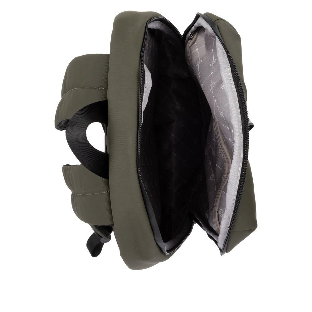 Sac à dos remonte Q0531-54 vert avec une finition mate, une fermeture éclair, un compartiment pour ordinateur portable et des boucles réfléchissantes sur les fermetures éclair. Ouvert.