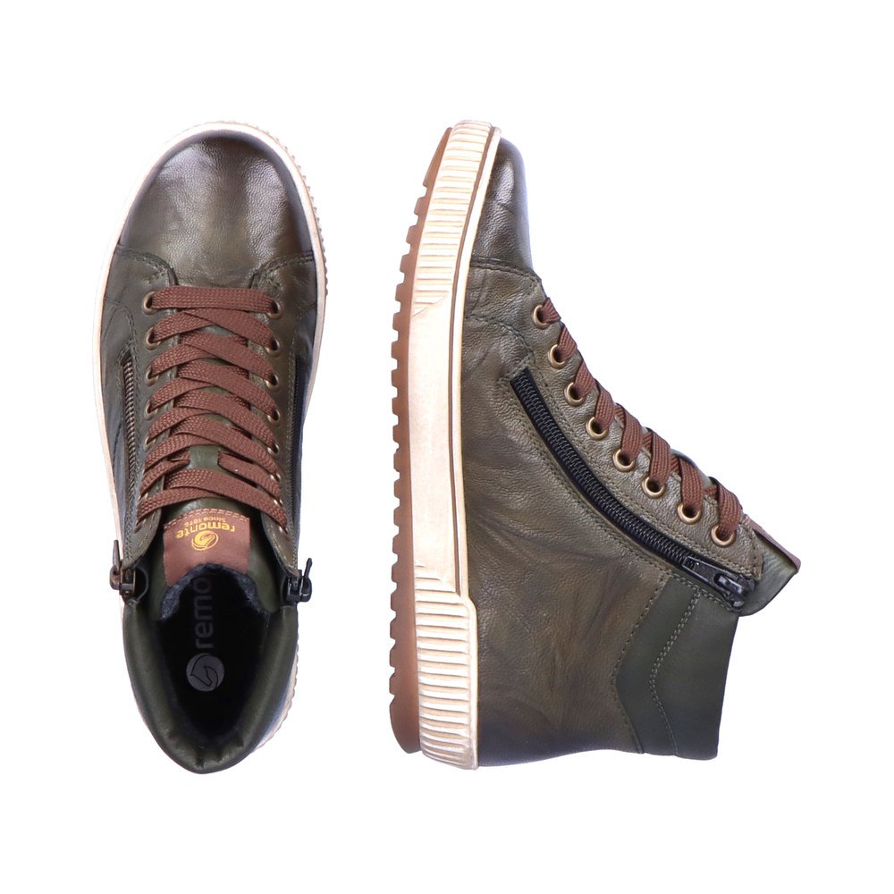 Forest green remonte women´s lace-up boots D0772-52 with remonteTEX technology. Shoe from the top, lying.