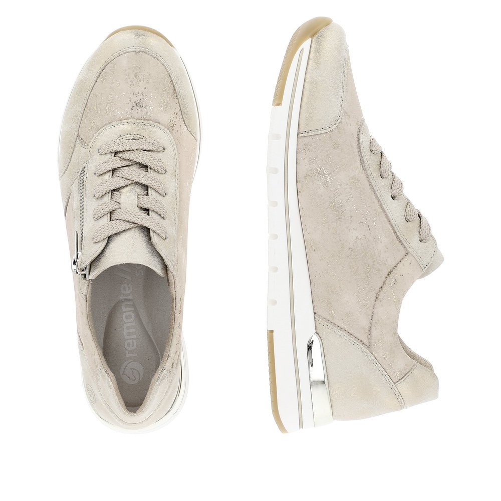 Beige remonte women´s sneakers R6700-61 with zipper and comfort width G. Shoe from the top, lying.