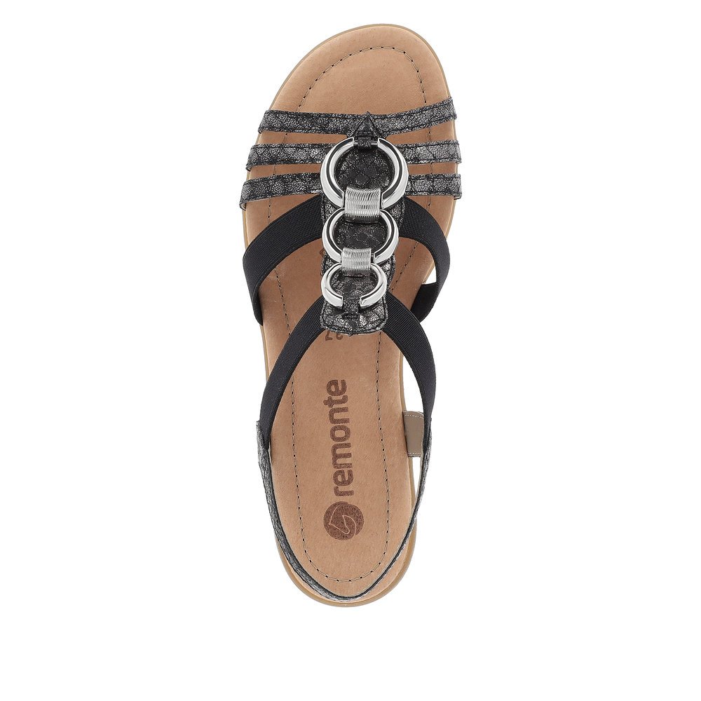 Night black remonte women´s strap sandals R3605-02 with elastic insert. Shoe from the top.
