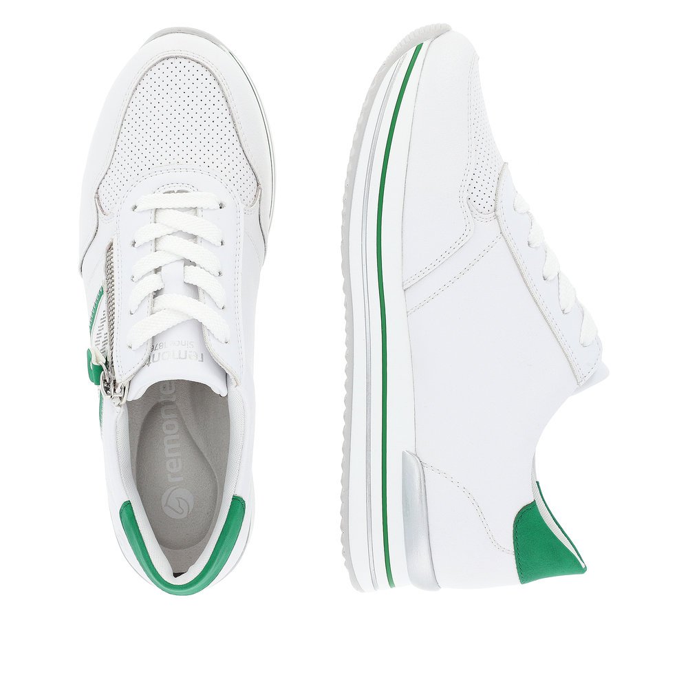White remonte women´s sneakers D1318-82 with zipper and decorative stitching. Shoe from the top, lying.