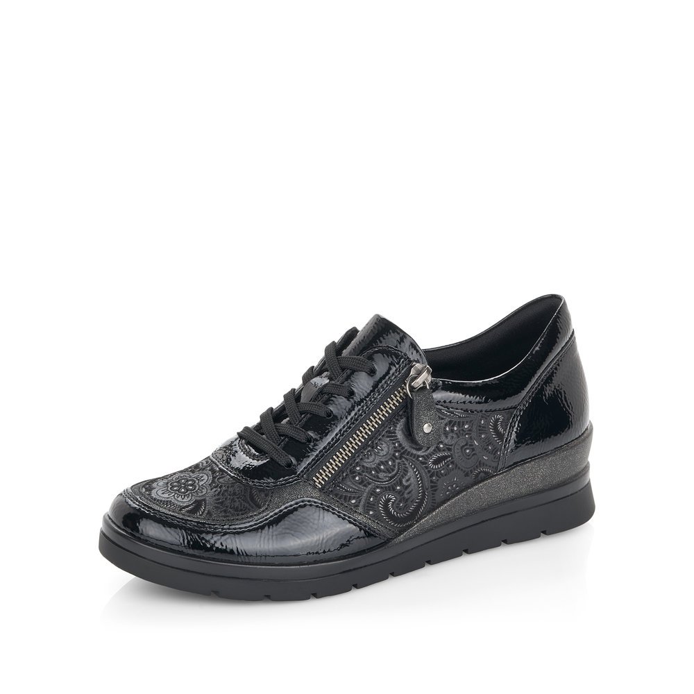 Chaussures à lacets remonte noires femme R0701-03 avec fermeture éclair. Chaussure inclinée sur le côté.