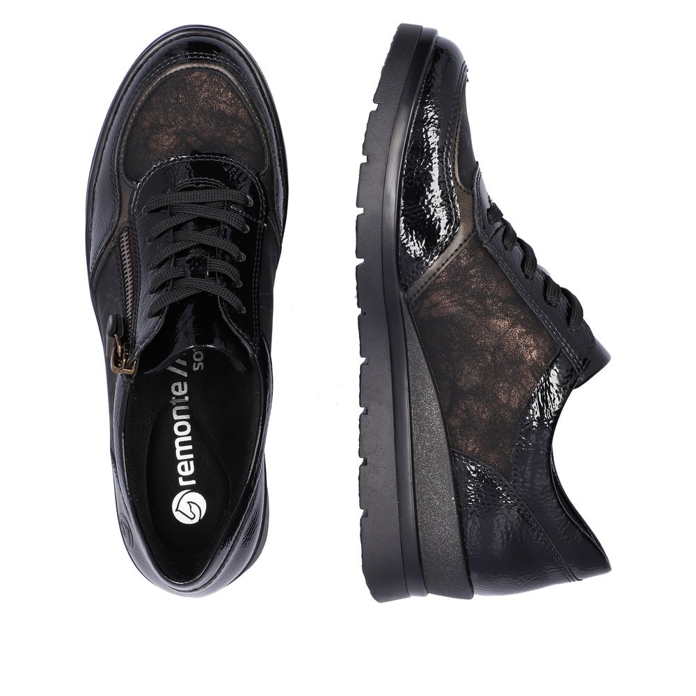 Black remonte women´s lace-up shoes R0701-07 with zipper as well as comfort width G. Shoe from the top, lying.