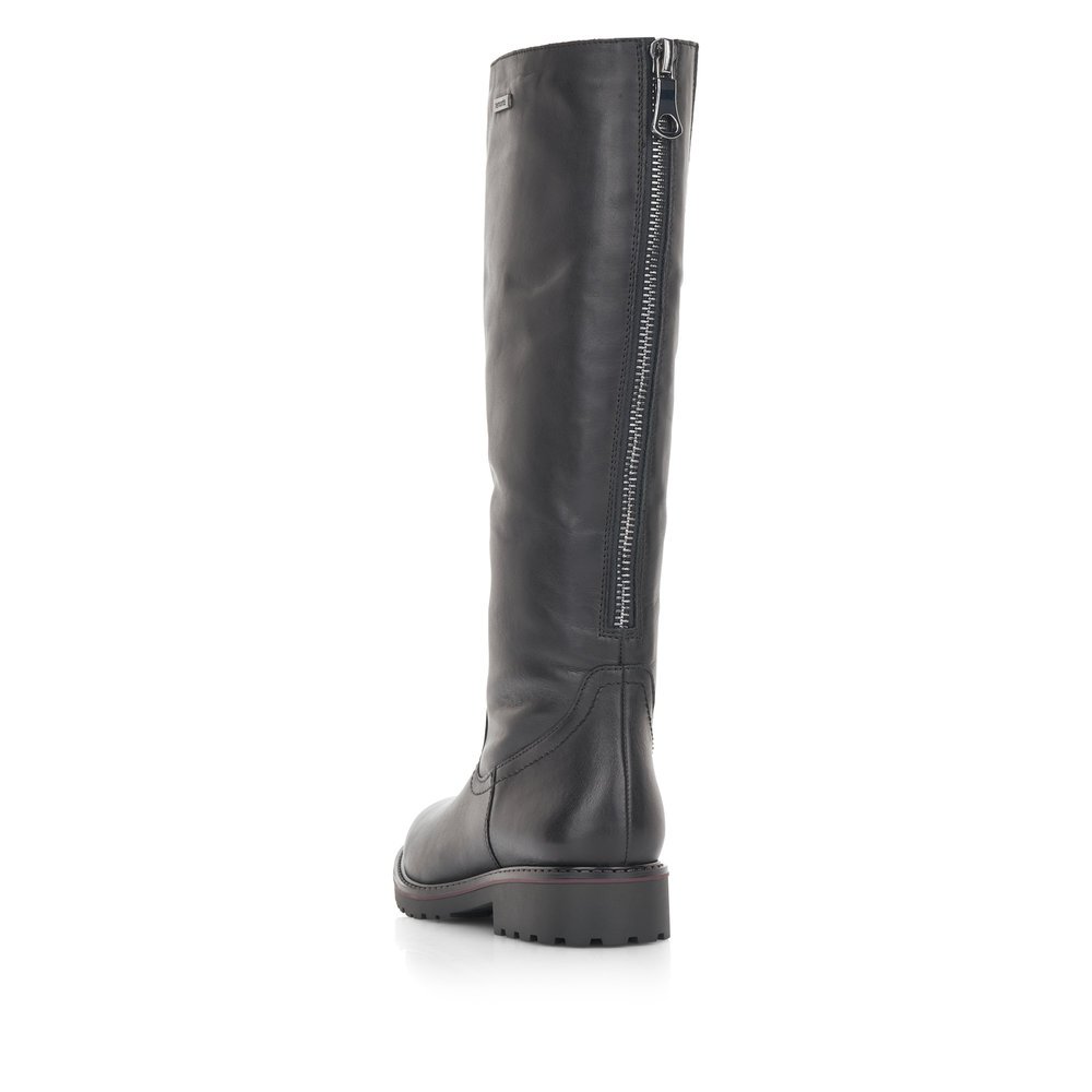 Black remonte women´s high boots R6576-01 with a zipper as well as comfort width G. Shoe from the back.