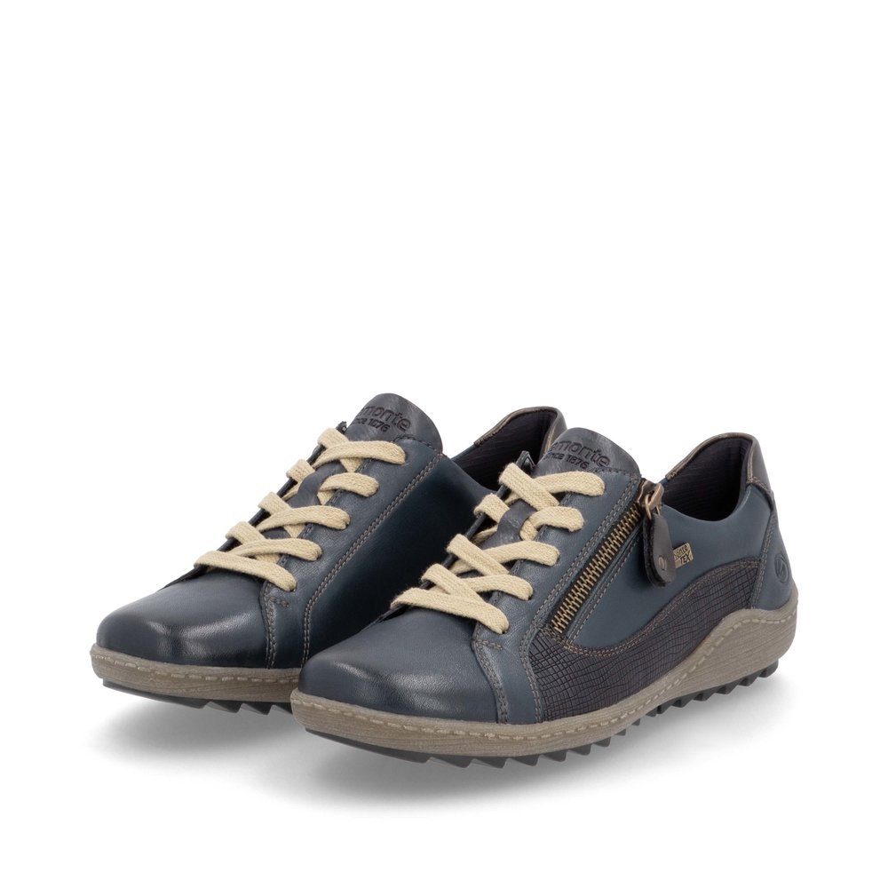 Chaussures à lacets remonte bleues pour femme R1440-14. Chaussures inclinées sur le côté.