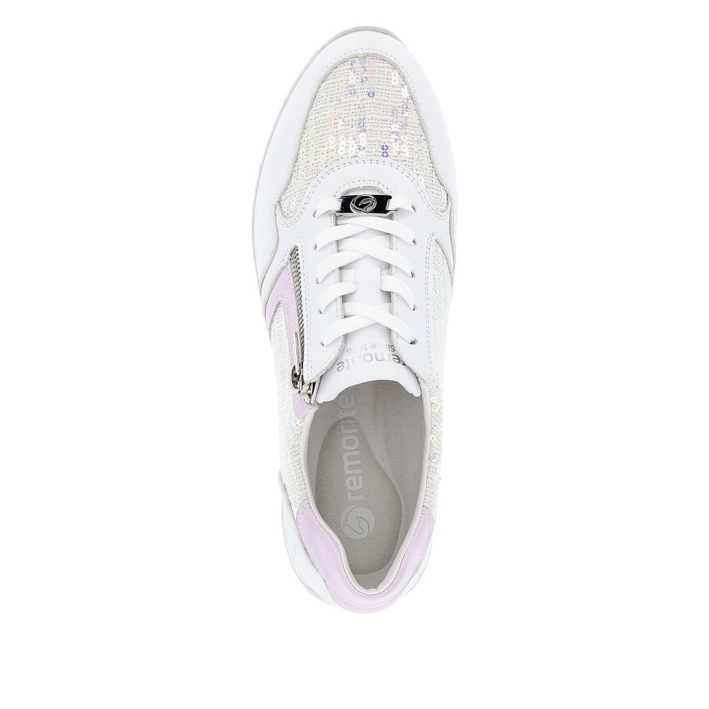 Pure white vegan remonte women´s sneakers D0H12-80 with a zipper. Shoe from the top.