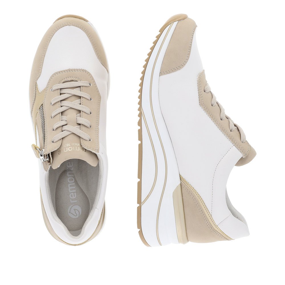 Beige vegan remonte women´s sneakers D0T01-80 with zipper and extra width H. Shoe from the top, lying.