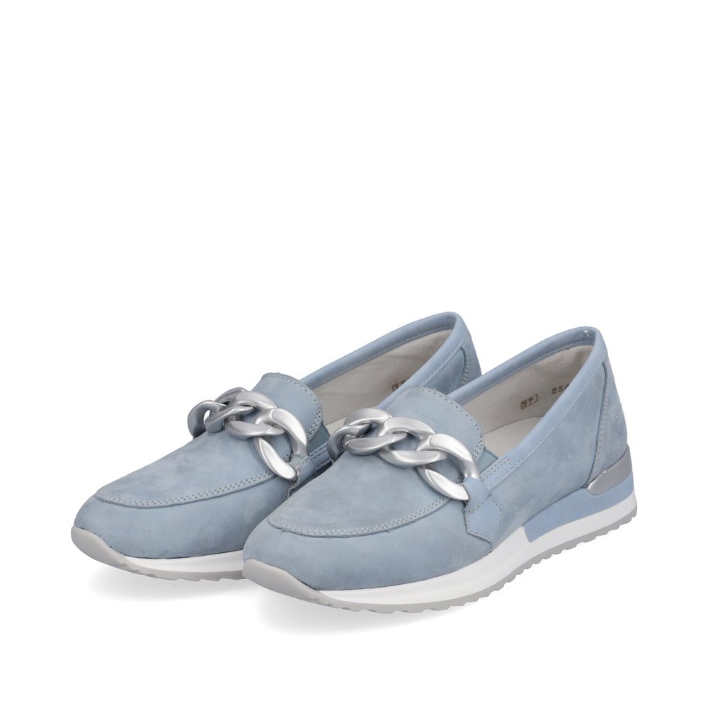 Blue remonte women´s loafers R2544-10 with stylish chain. Shoes laterally.