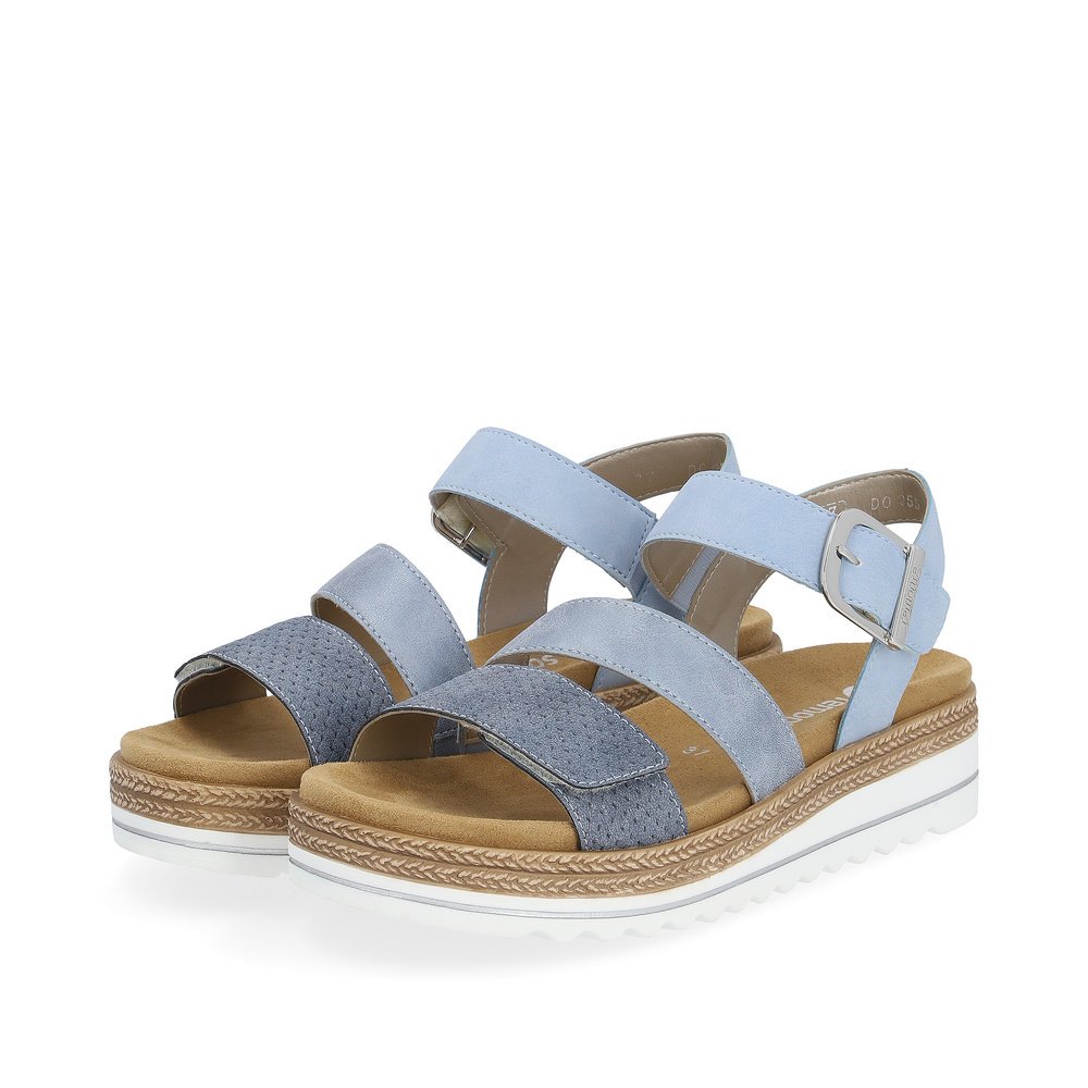 Sky blue vegan remonte women´s strap sandals D0Q55-12 with hook and loop fastener. Shoes laterally.