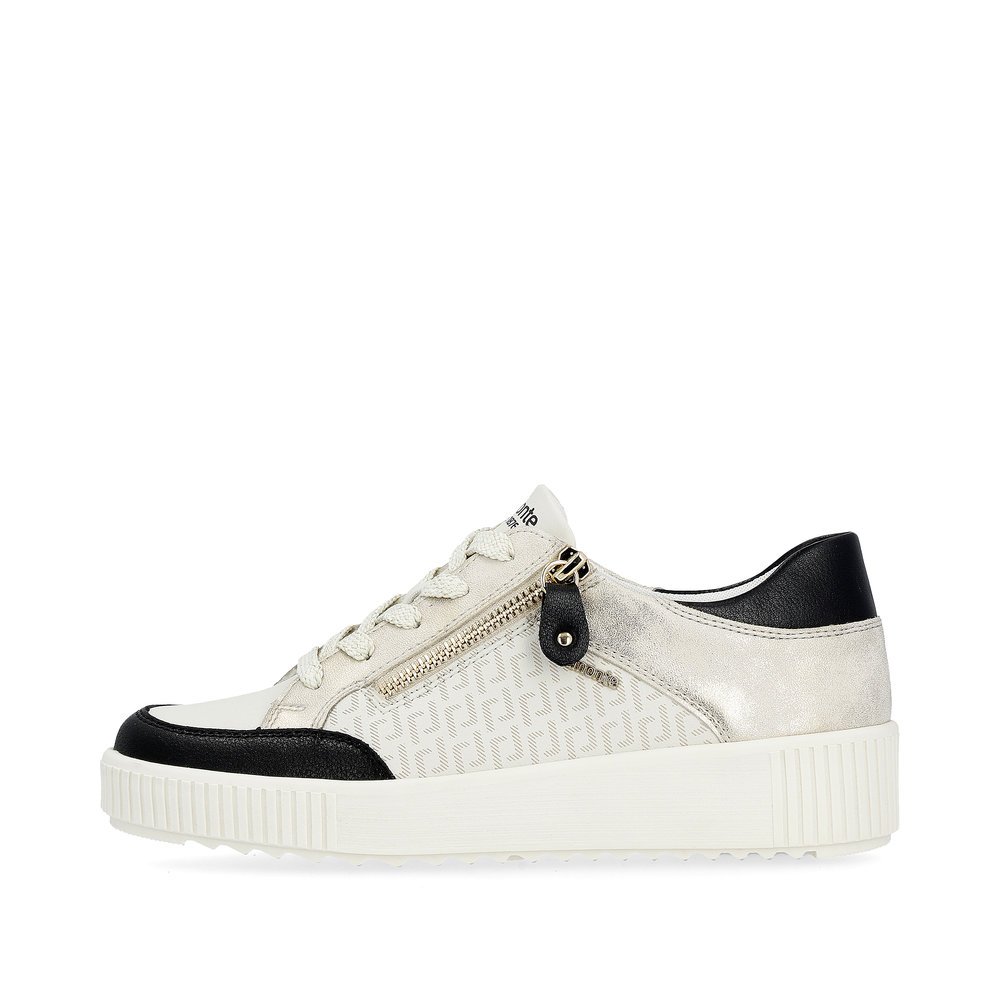 Cream white remonte women´s sneakers R7901-80 with a zipper and graphical pattern. Outside of the shoe.