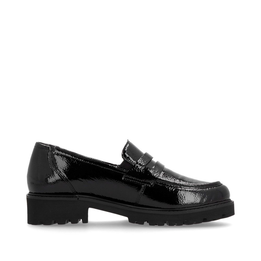 Glanzschwarze remonte Damen Loafer D8602-00 mit Gummizug sowie Komfortweite G. Schuh Innenseite.