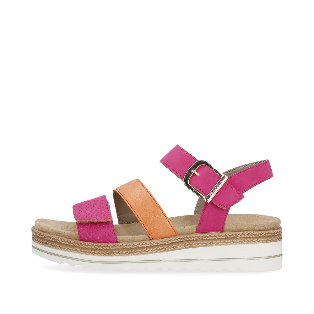 Pink vegan remonte women´s strap sandals D0Q55-31 with a hook and loop fastener. Outside of the shoe.
