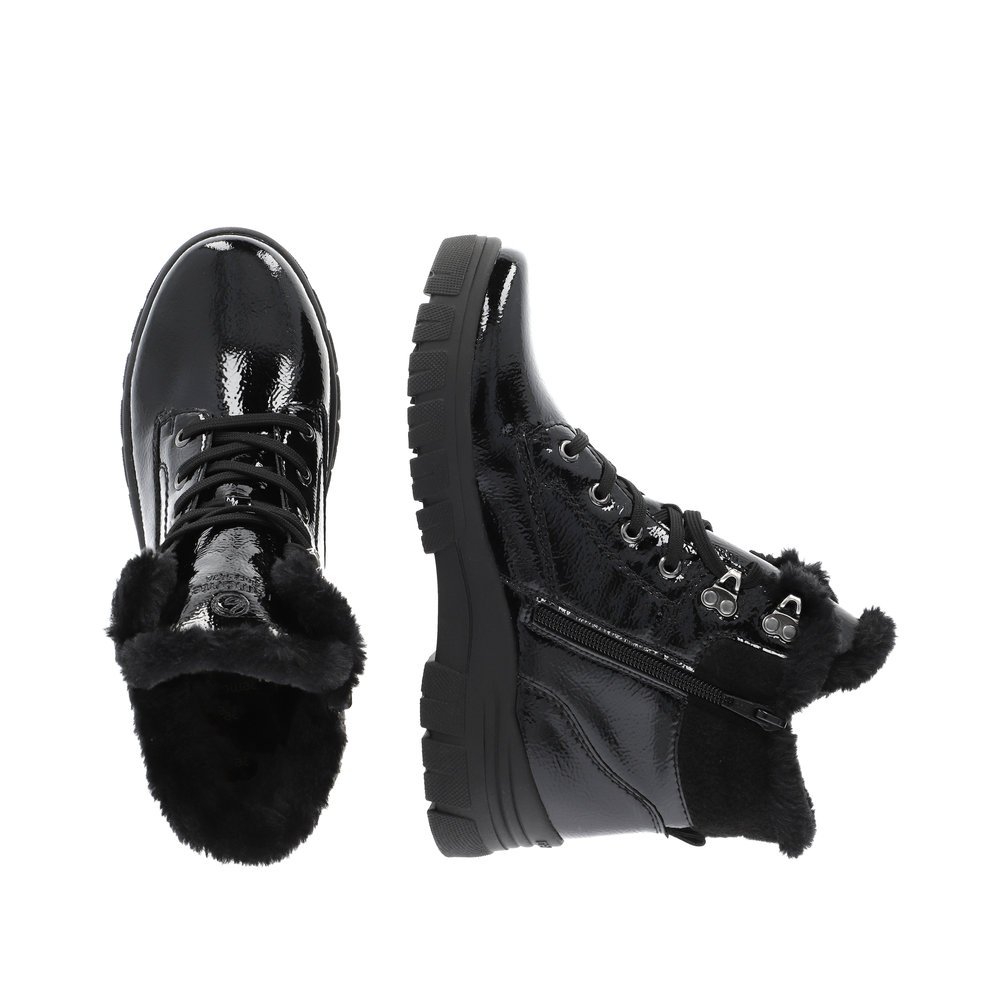 Midnight black remonte women´s lace-up boots D0E71-02 with remonteTEX technology. Shoe from the top, lying.