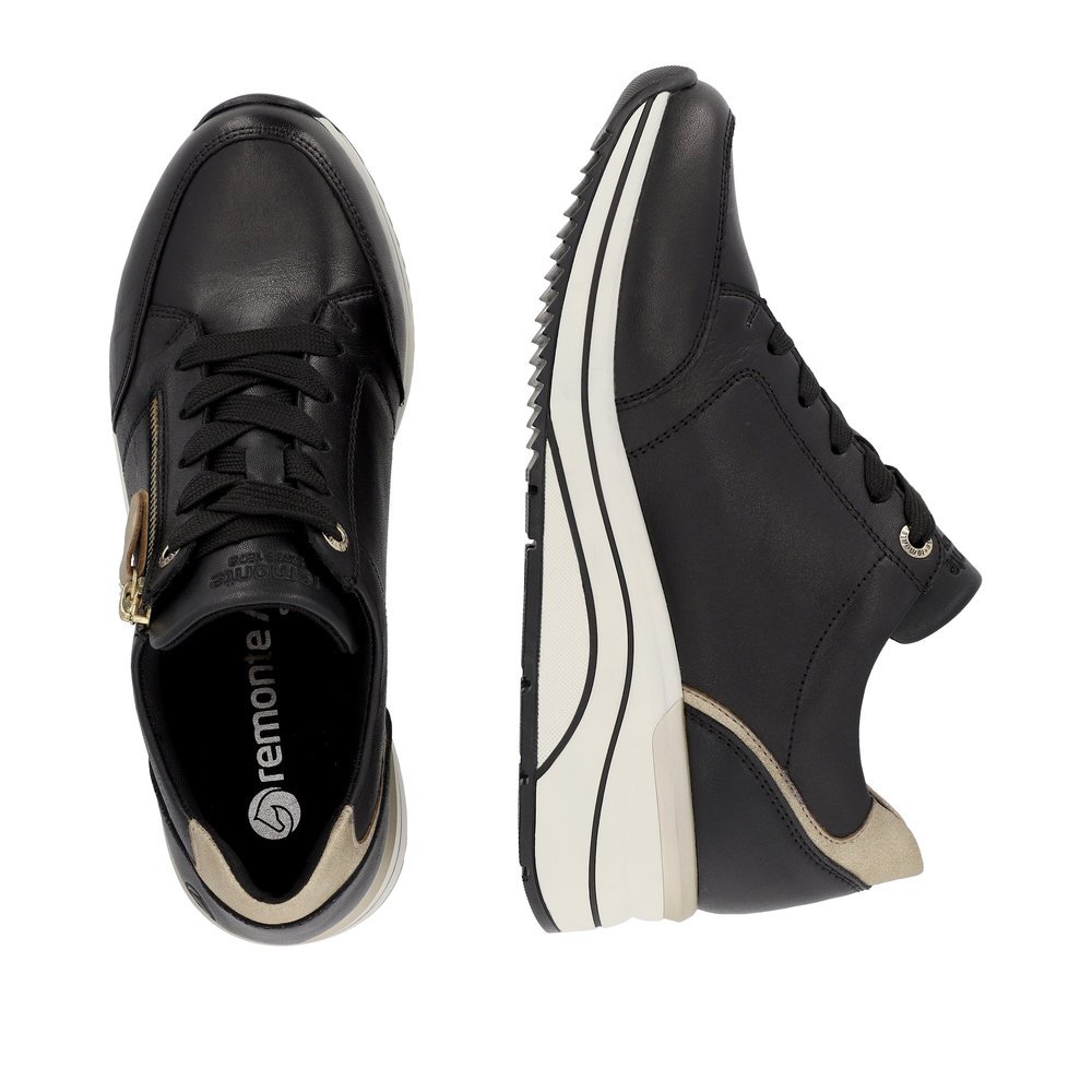 Black remonte women´s sneakers D0T03-01 with a zipper as well as extra width H. Shoe from the top, lying.