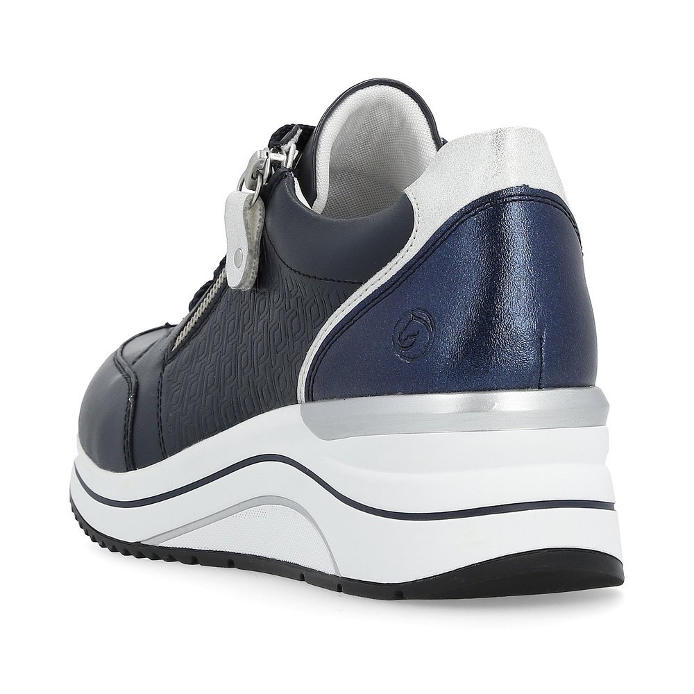 Navy blue remonte women´s sneakers D0T03-14 with a zipper and extra width H. Shoe from the back.