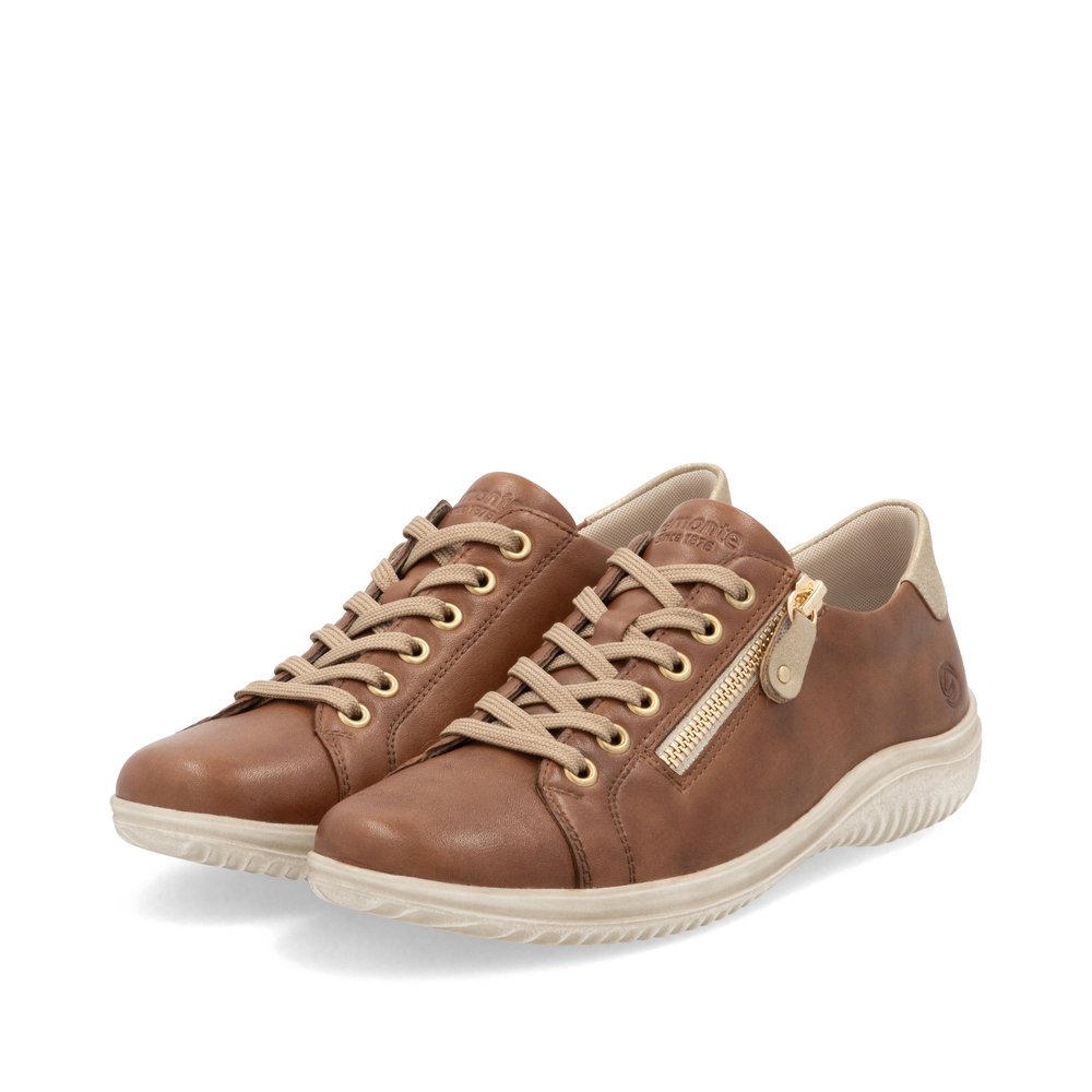 Chaussures à lacets remonte marron femme D1E03-24 avec fermeture éclair. Chaussures inclinées sur le côté.