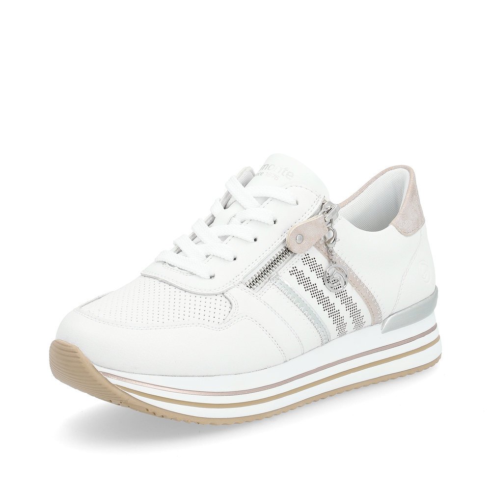White remonte women´s sneakers D1318-80 with a zipper and decorative stitching. Shoe laterally.