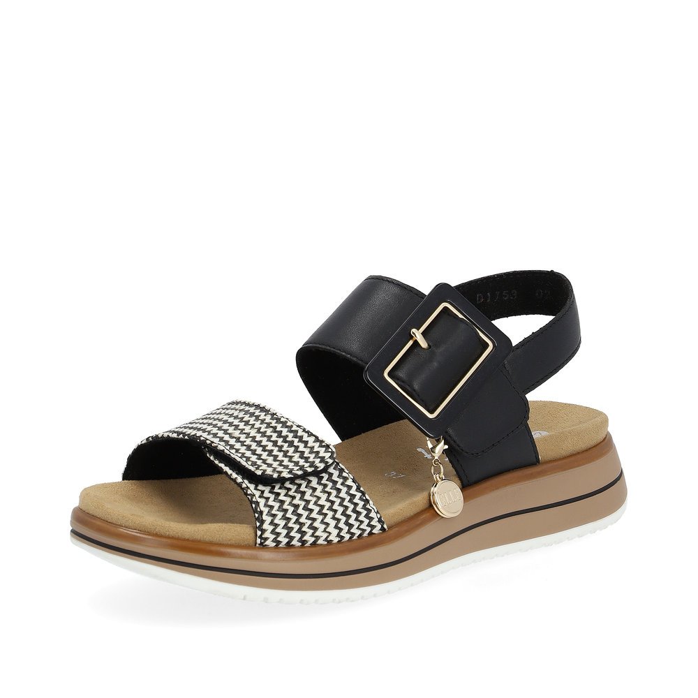 Black remonte women´s strap sandals D1J53-02 with a hook and loop fastener. Shoe laterally.