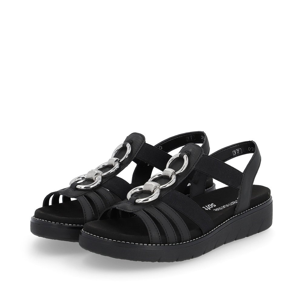 Night black vegan remonte women´s strap sandals D2073-02 with an elastic insert. Shoes laterally.