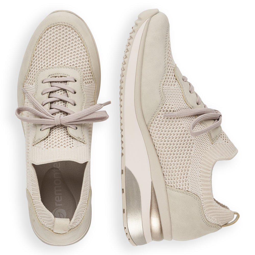Cream beige remonte women´s sneakers D2406-60 with an elastic insert and mesh look. Shoe from the top, lying.