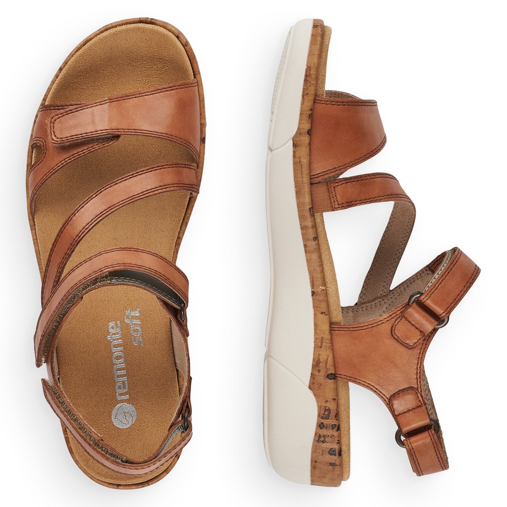 Brown remonte women´s strap sandals R6850-22 with a hook and loop fastener. Shoe from the top, lying.