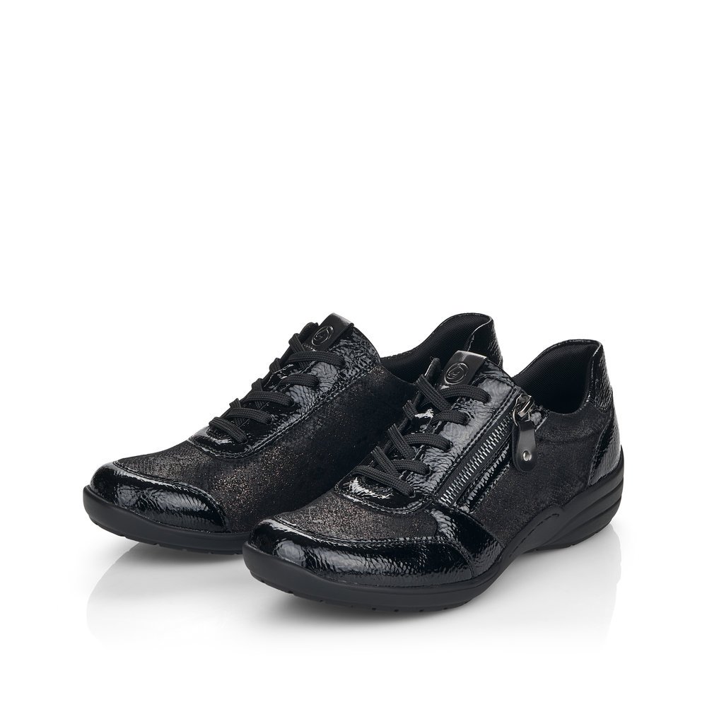 Chaussures à lacets remonte noires femme R7637-03 avec fermeture éclair. Chaussures inclinées sur le côté.