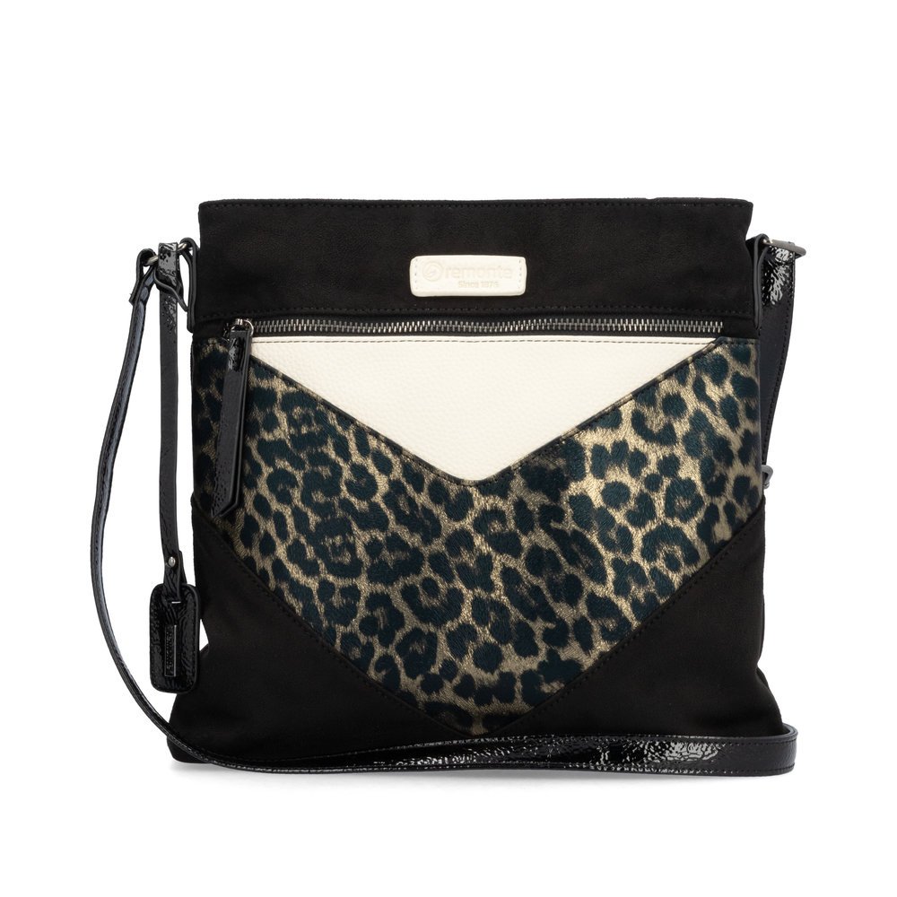 Black remonte shoulder bag Q0714-01 in shiny leo look with zipper and mobile phone pocket. Front.