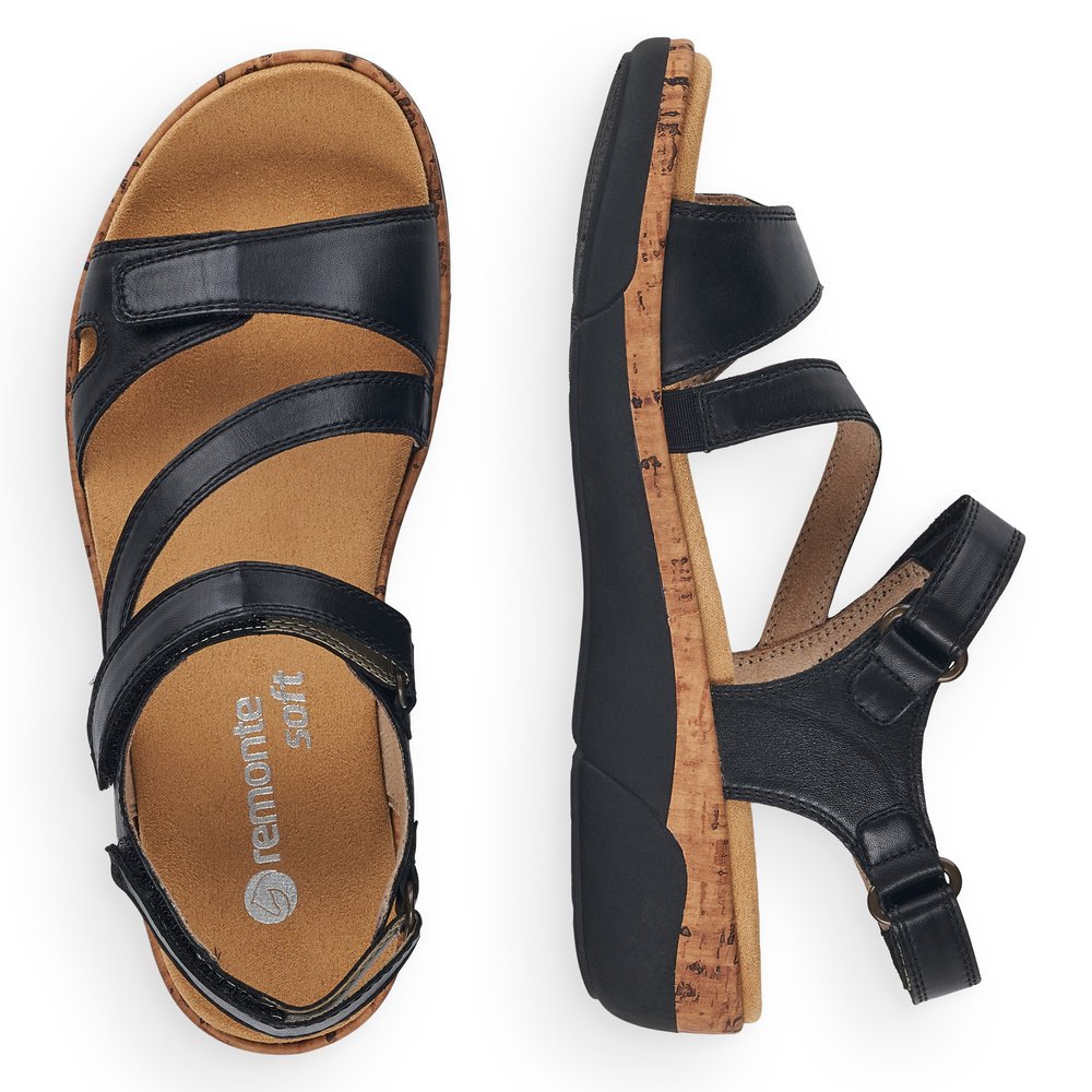 Black remonte women´s strap sandals R6850-01 with hook and loop fastener. Shoe from the top, lying.