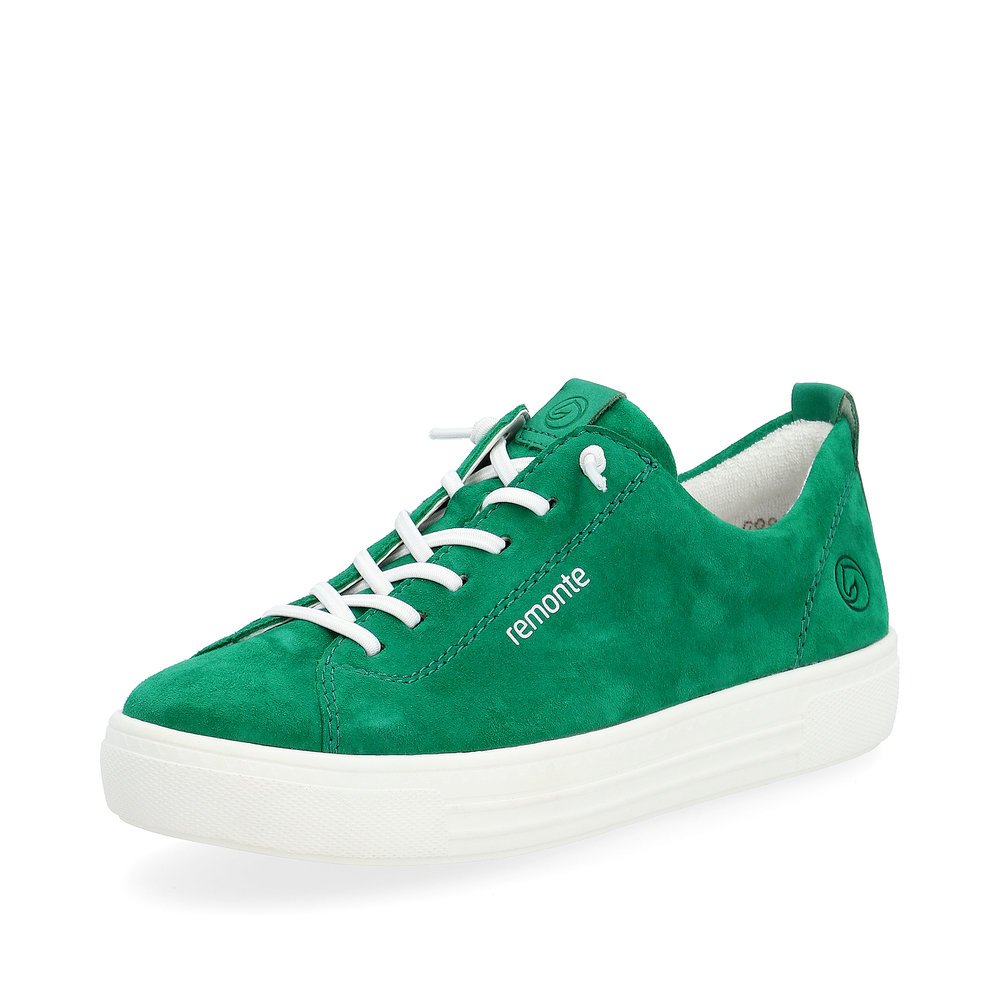Emerald green remonte women´s sneakers D0913-52 with lacing and comfort width G. Shoe laterally.