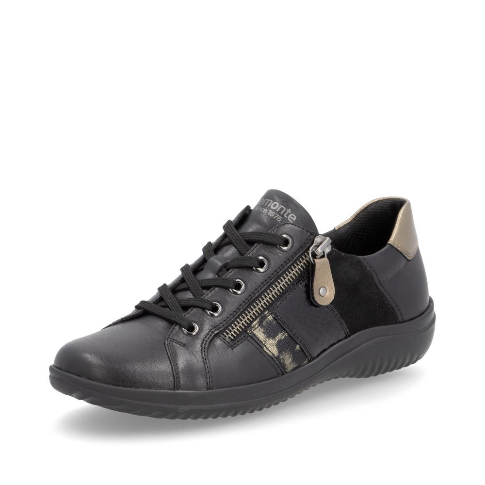 Black remonte women´s lace-up shoes D1E00-03 with zipper as well as comfort width G. Shoe laterally.