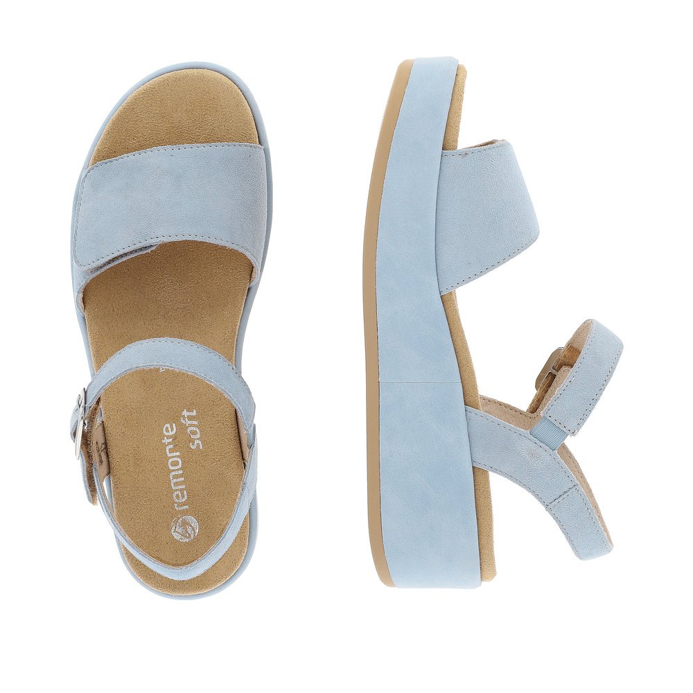Ice blue remonte women´s strap sandals D1N50-10 with hook and loop fastener. Shoe from the top, lying.